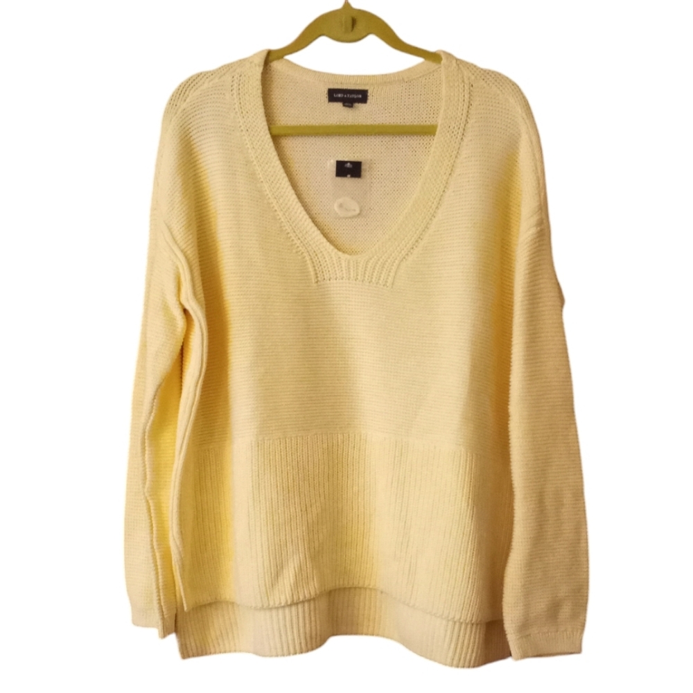 Lord & Taylor Womens Sweater Large Cotton V-Neck Cable Knit Pullover Yellow NWT